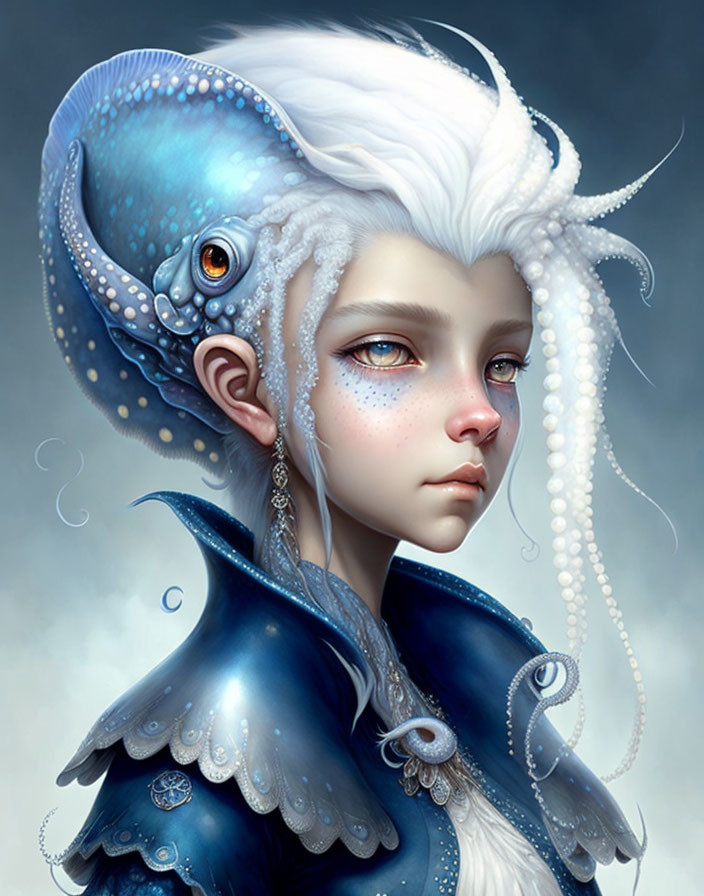 Fantastical creature portrait with human face and octopus head adorned with pearls