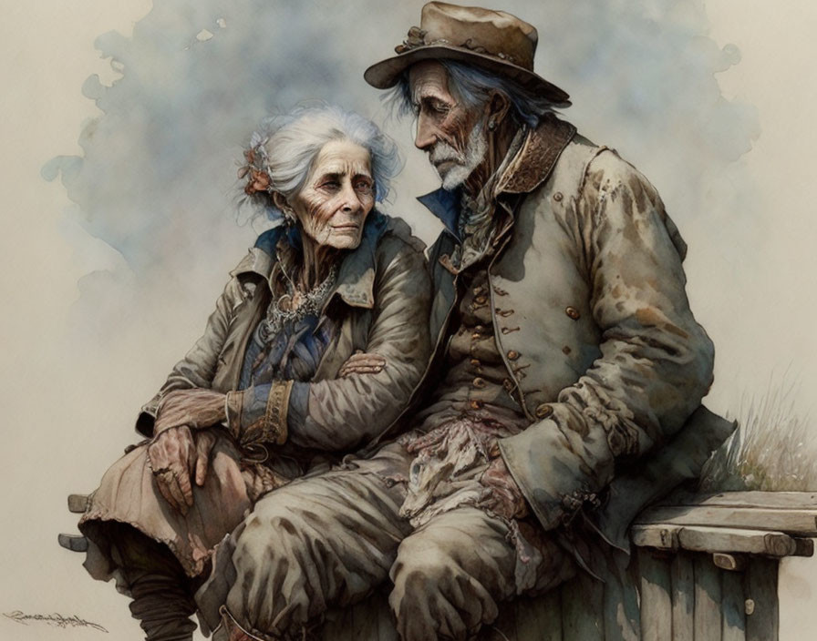 Elderly couple in rustic attire gaze lovingly on bench