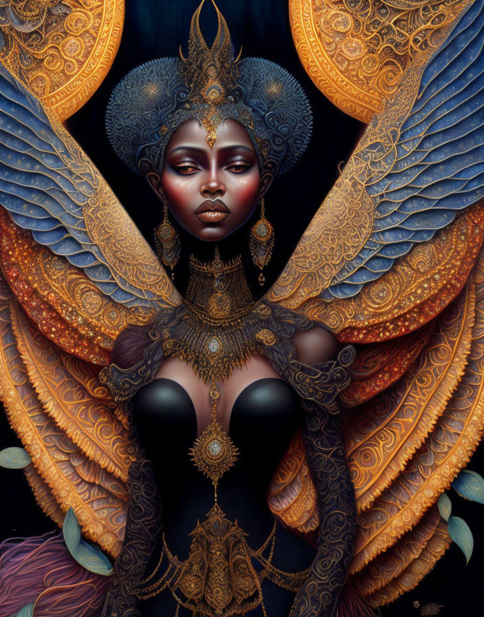 Detailed depiction of woman with golden wings and ornate accessories on dark background