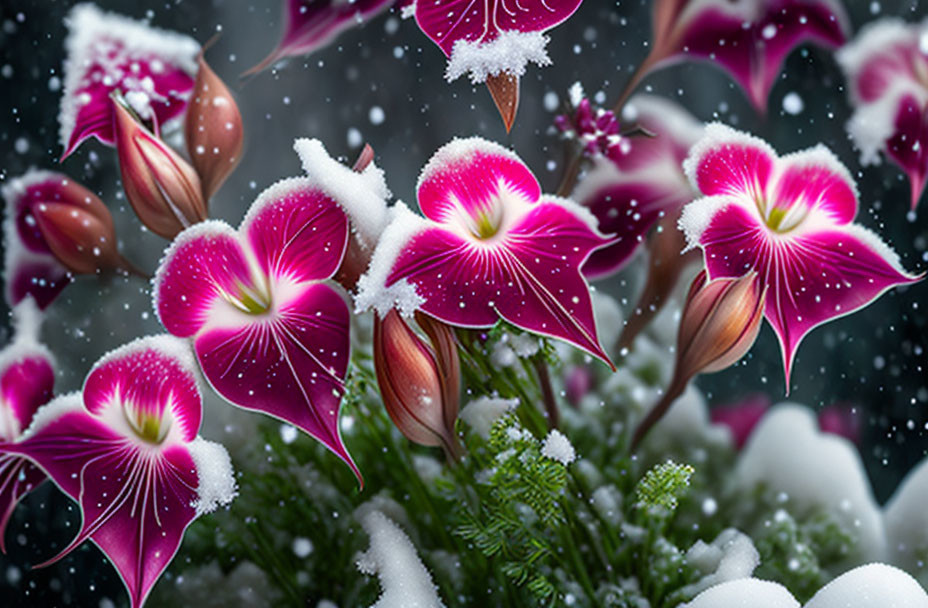 Pink and White Flowers with Snowflakes on Greenery and Snowfall