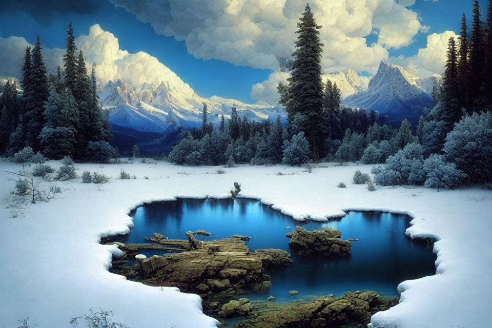 Heart-shaped lake in serene winter landscape with snow-covered trees