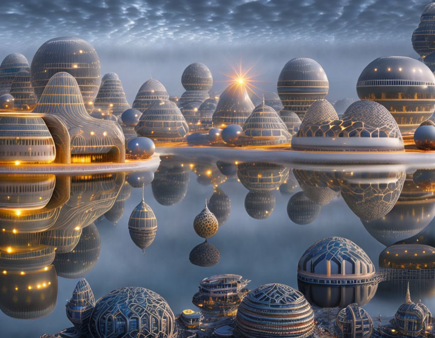 Spherical buildings in futuristic city at sunrise