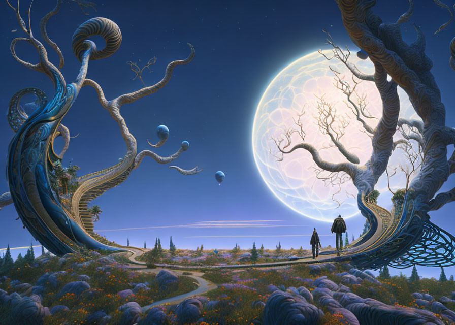 Surreal landscape with giant moon, twisted trees, floating orbs, and starry sky