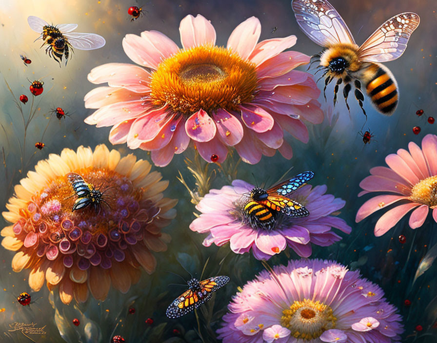 Colorful painting of bees, ladybugs, and daisies in a magical setting