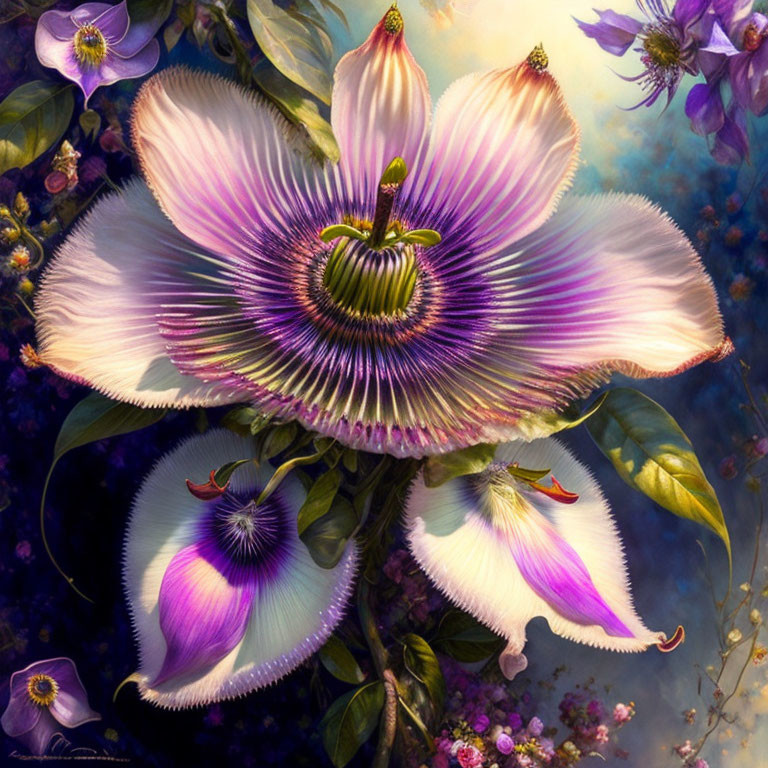 Detailed digital painting of large purple and white flower in mystical setting