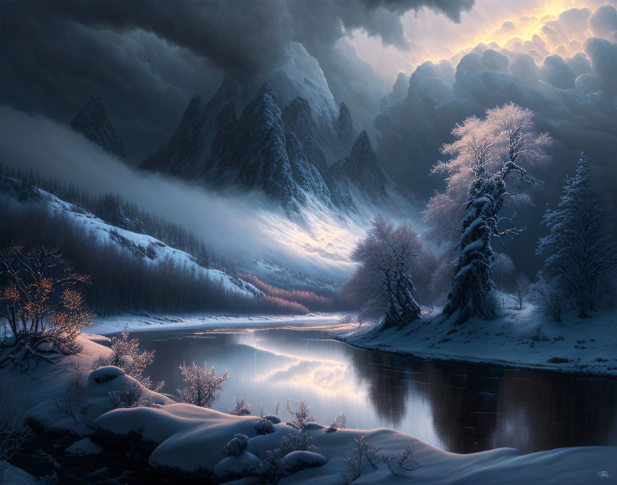 Snow-covered trees, calm river, and misty mountain peaks in serene winter landscape