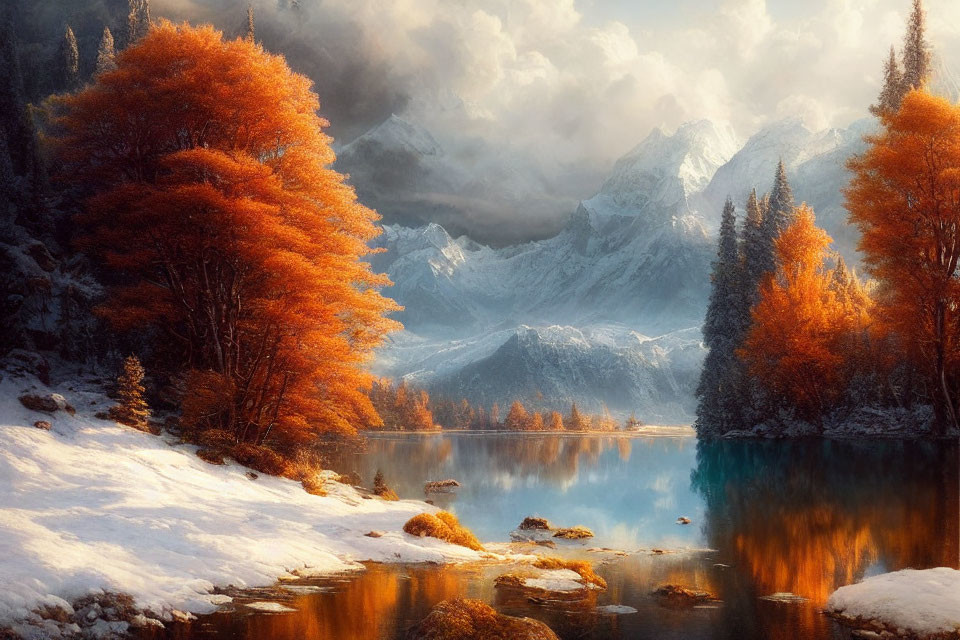 Tranquil winter landscape with lake, snow, trees, and mountains