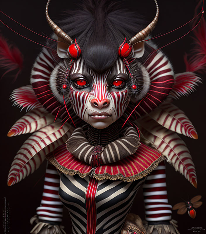 Fantastical humanoid character with red eyes, horned head, and intricate feathered headdress.