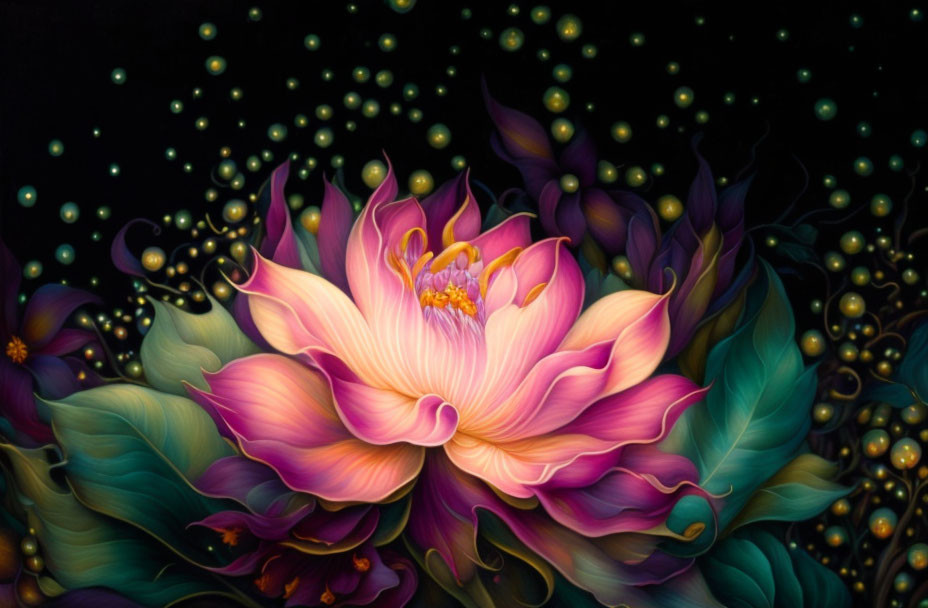 Colorful Lotus Flower Digital Art with Glowing Orbs on Dark Background