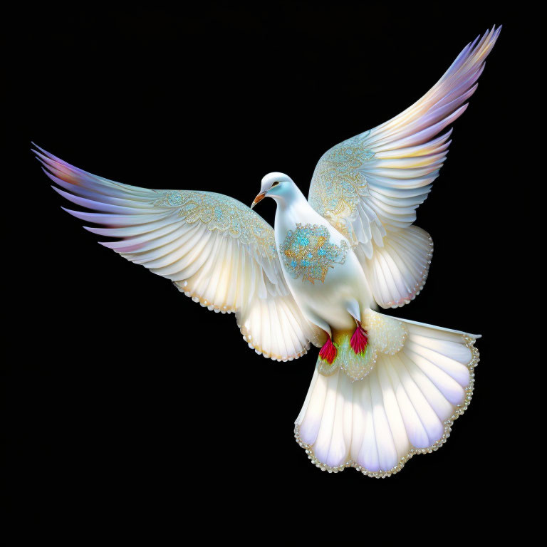 Elaborately detailed white dove with gold and blue patterns in flight