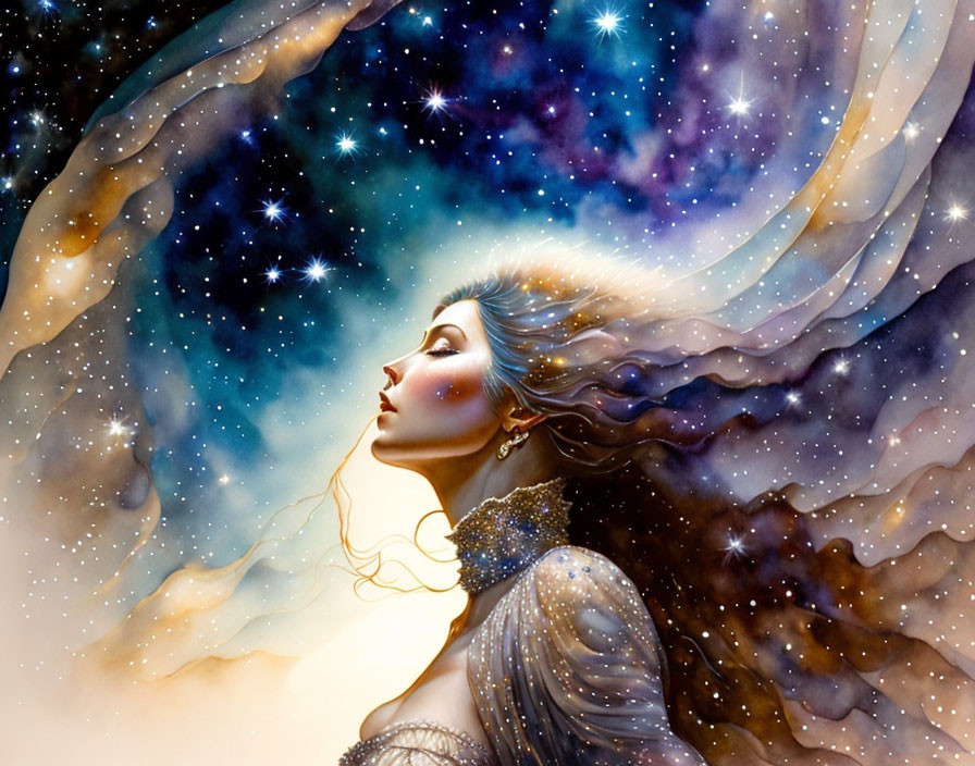 Woman with Flowing Hair Merging with Starry Night Sky