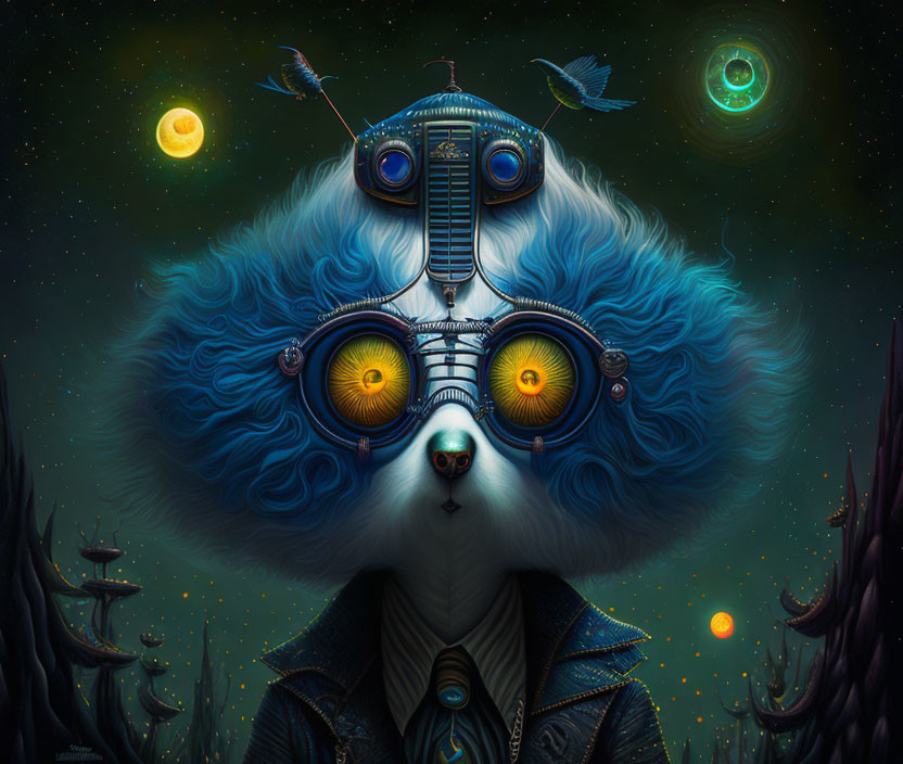 Stylized creature with fluffy blue head and mechanical eyes in surreal artwork