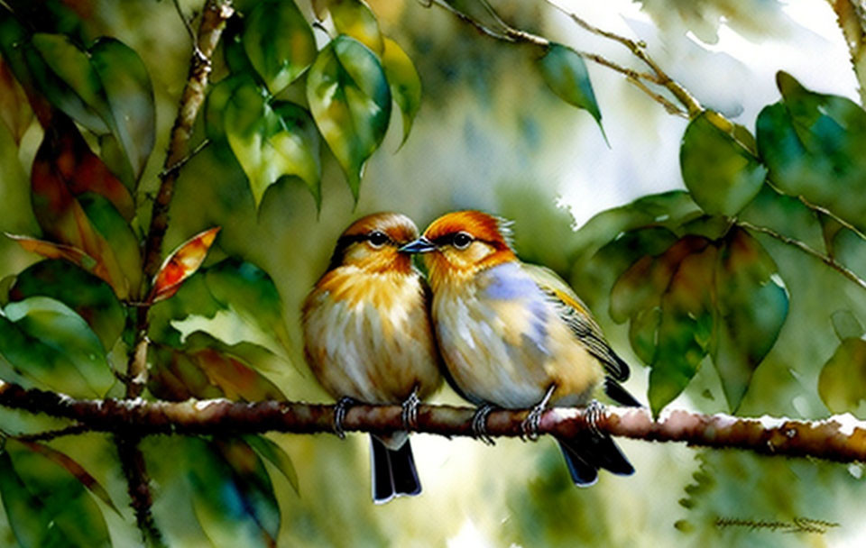 Colorful Birds Perched on Branch with Verdant Leaves and Soft Sunlight