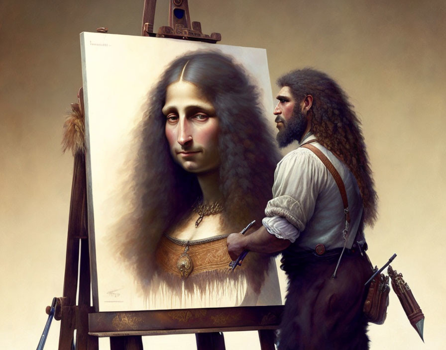 Artist in Renaissance attire painting large Mona Lisa portrait on easel