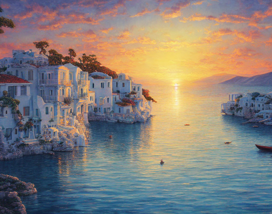 Scenic coastal town with white buildings at sunset