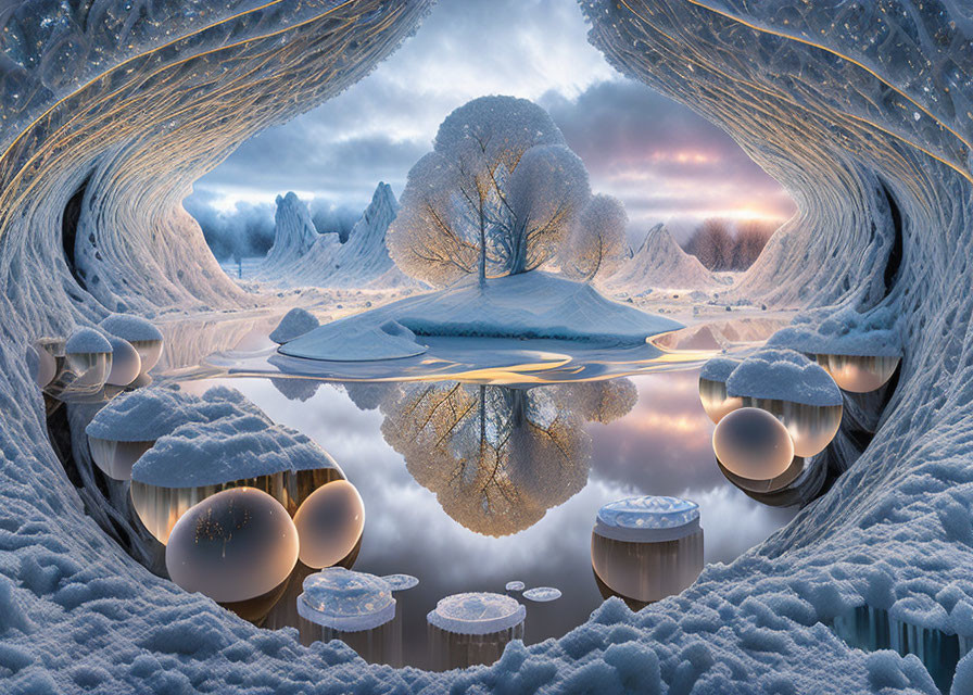 Surreal winter landscape with icy lake, lone tree, and circular portals