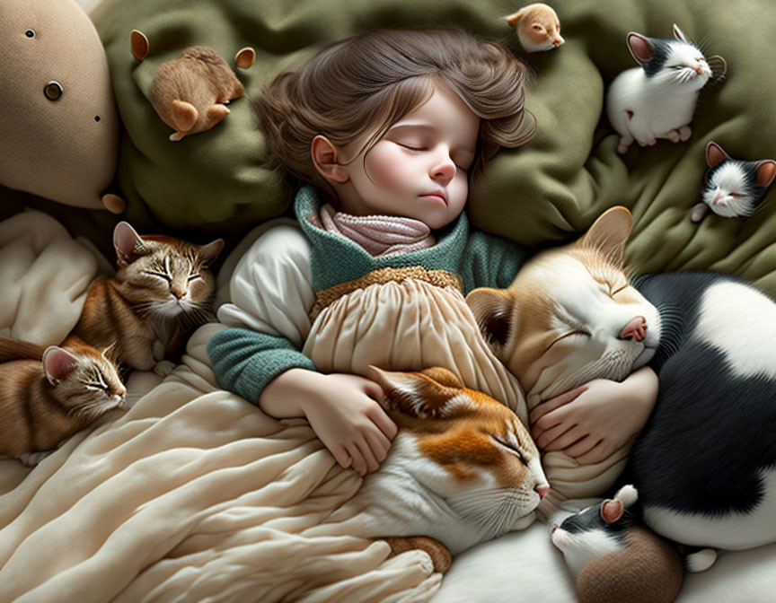 Child Sleeping Surrounded by Cats and Kittens on Bed