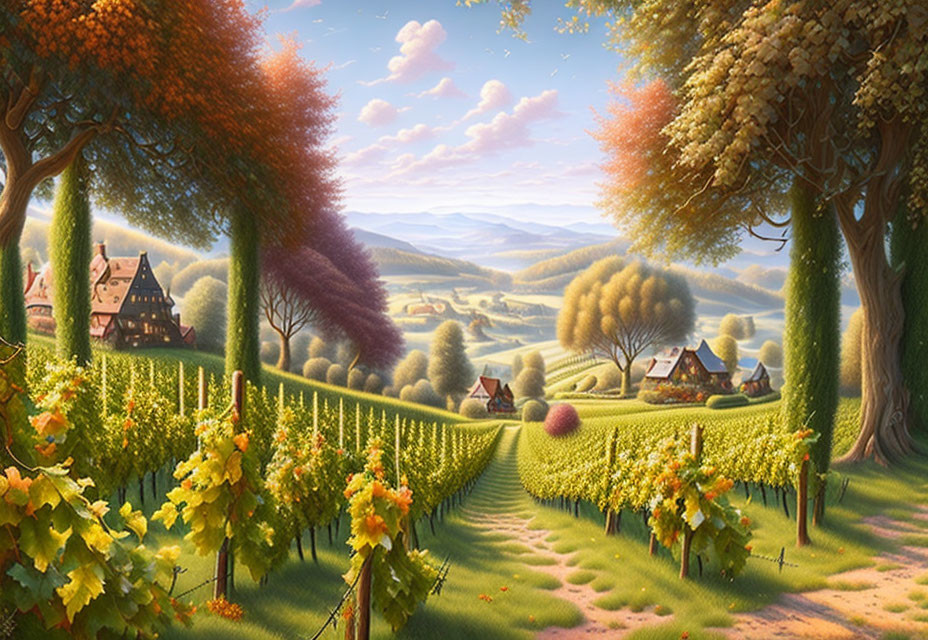 Colorful Vineyard Landscape with Rolling Hills and Quaint Cottages