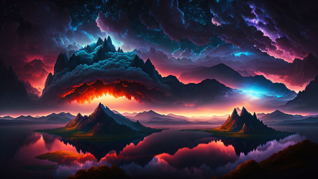 Vivid Panoramic Fantasy Landscape with Mountains and Starry Sky