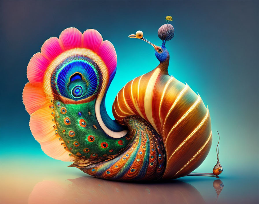 Vibrant digital art: peacock feather and snail shell fusion with small figure