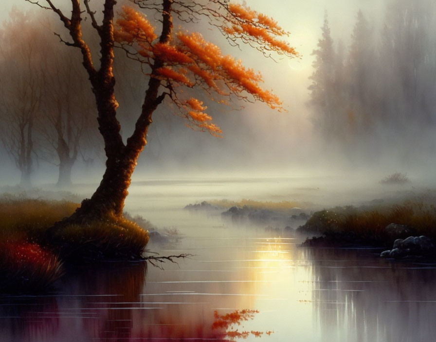 Tranquil sunrise scene with misty water, solitary tree, and rocky banks