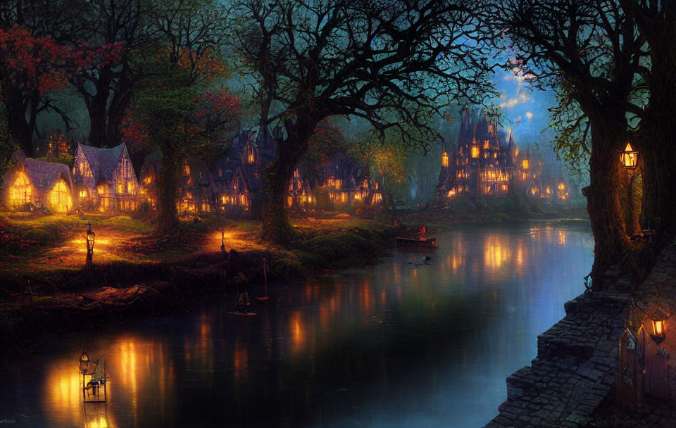 Tranquil fantasy village scene at twilight with castle, river, lanterns, and rowboat