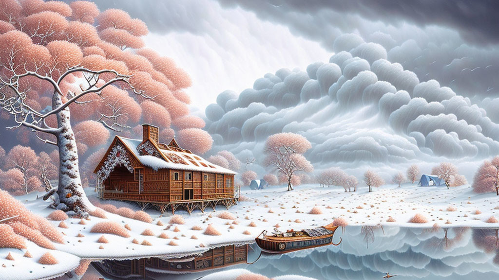 Snowy Winter Landscape: Wooden Cabin, Frozen Lake, Snow-Covered Trees