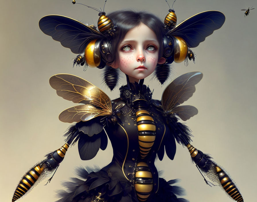 Girl with Stylized Bee Features Surrounded by Flying Bees