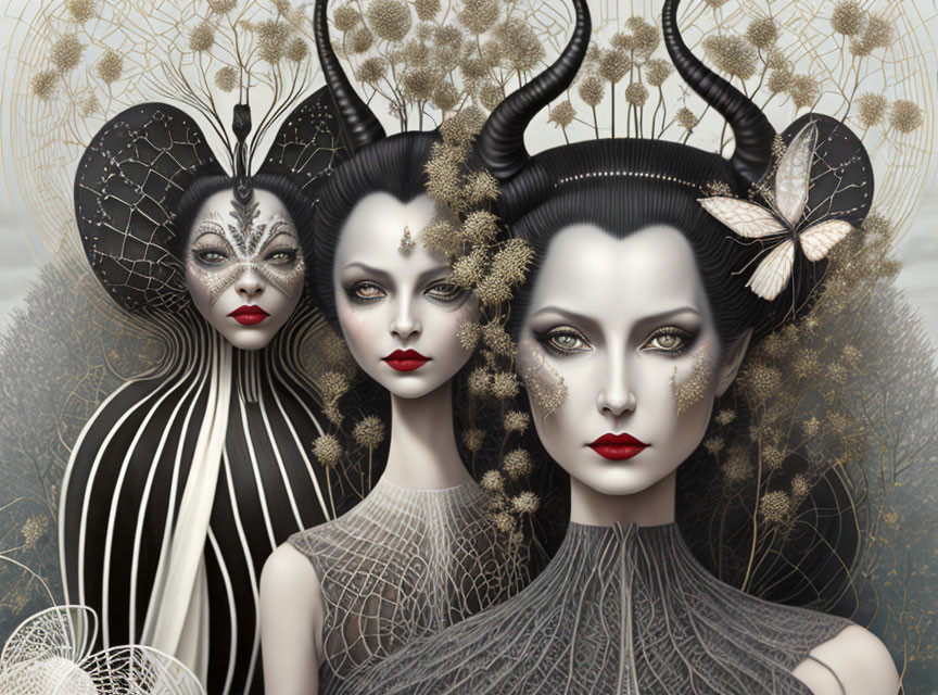 Stylized female figures with horn-like headpieces in surreal nature setting