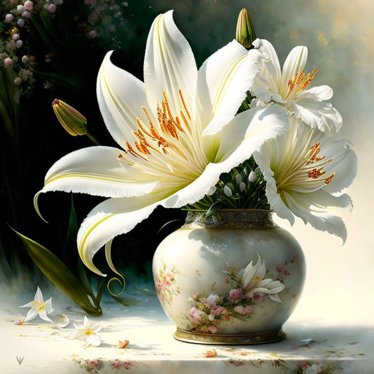 Realistic white lilies painting in ornate vase with stamens and scattered petals