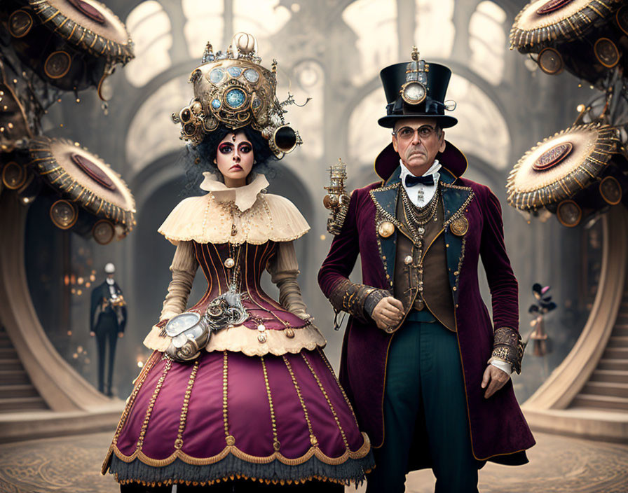 Elaborate steampunk attire in grand hall setting