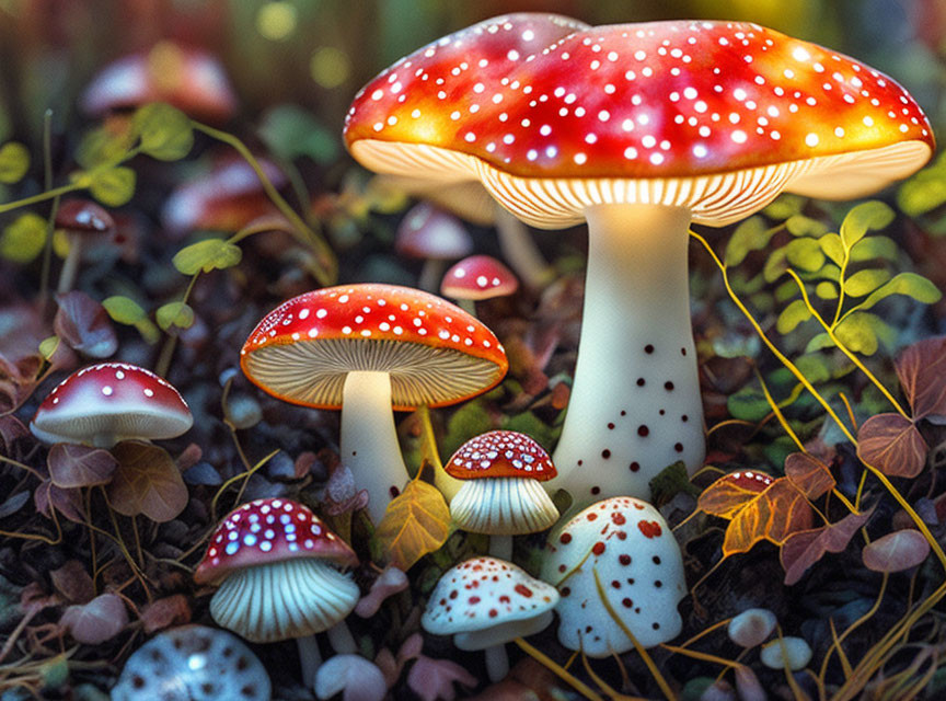 Red-Capped Mushrooms in Fairy-Like Forest Setting