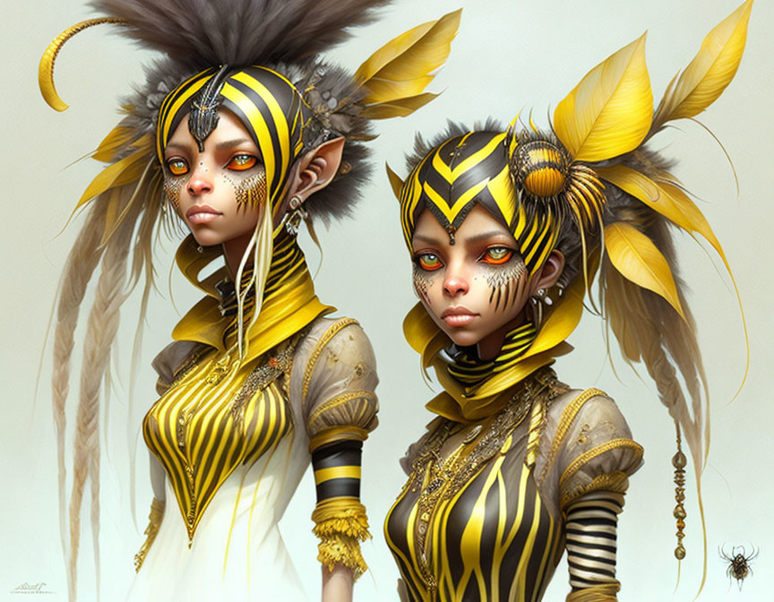 Fantastical Female Characters in Elaborate Yellow and Black Tribal Makeup