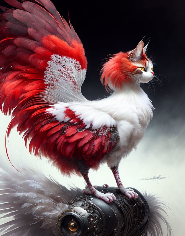 Fantastical digital artwork: White cat body, red-plumed bird wings on mechanical sphere