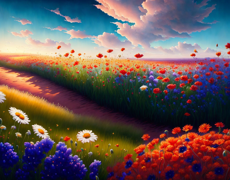 Colorful Flower Field Painting Under Dramatic Sky