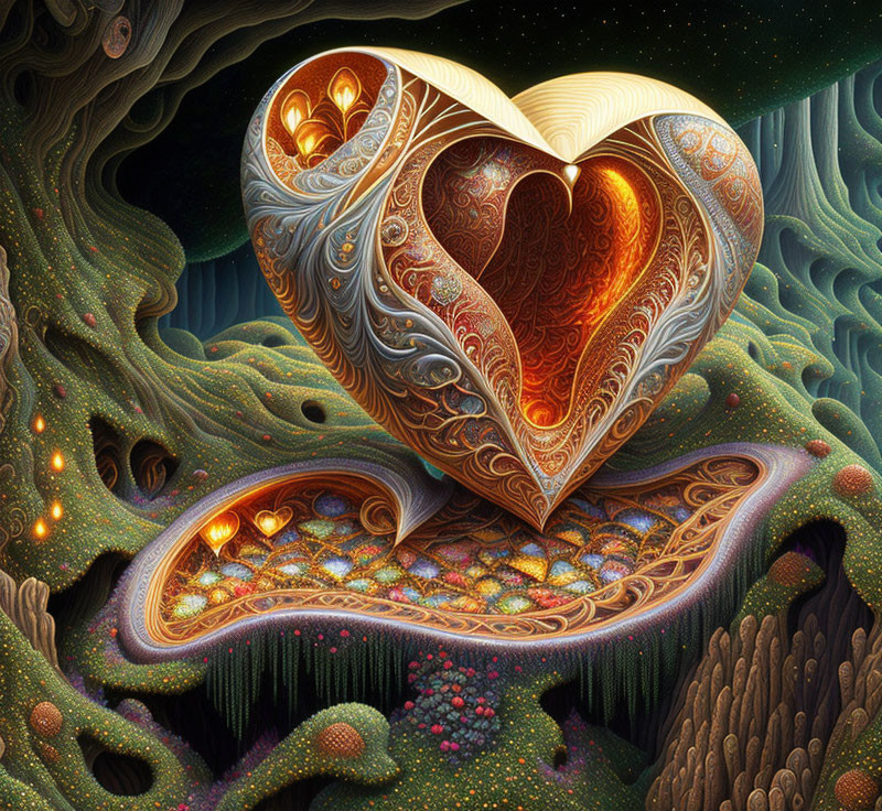 Colorful surreal artwork: Heart-shaped structure in fantastical landscape