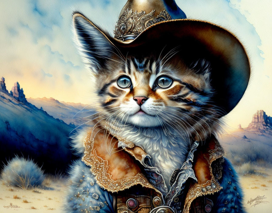 Illustration of a cowboy-themed kitten in desert setting