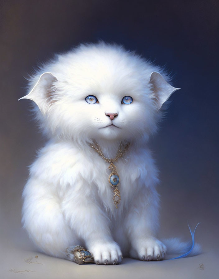 Fluffy white cat with blue eyes wearing pendant sitting serenely