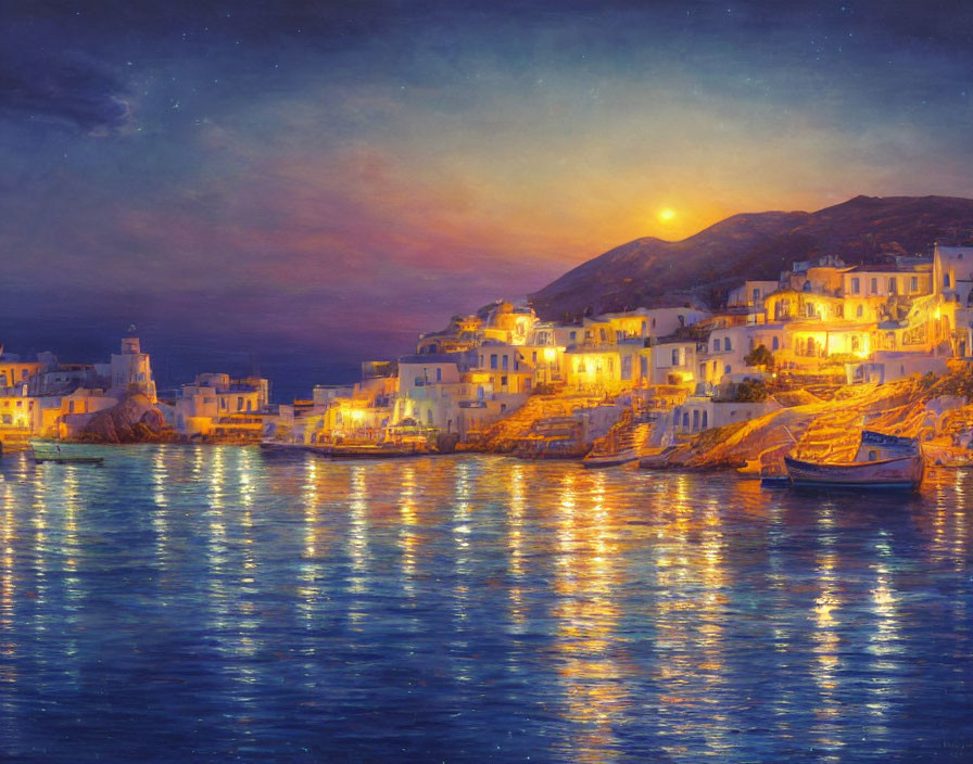 Night view of seaside village with illuminated buildings reflecting in water