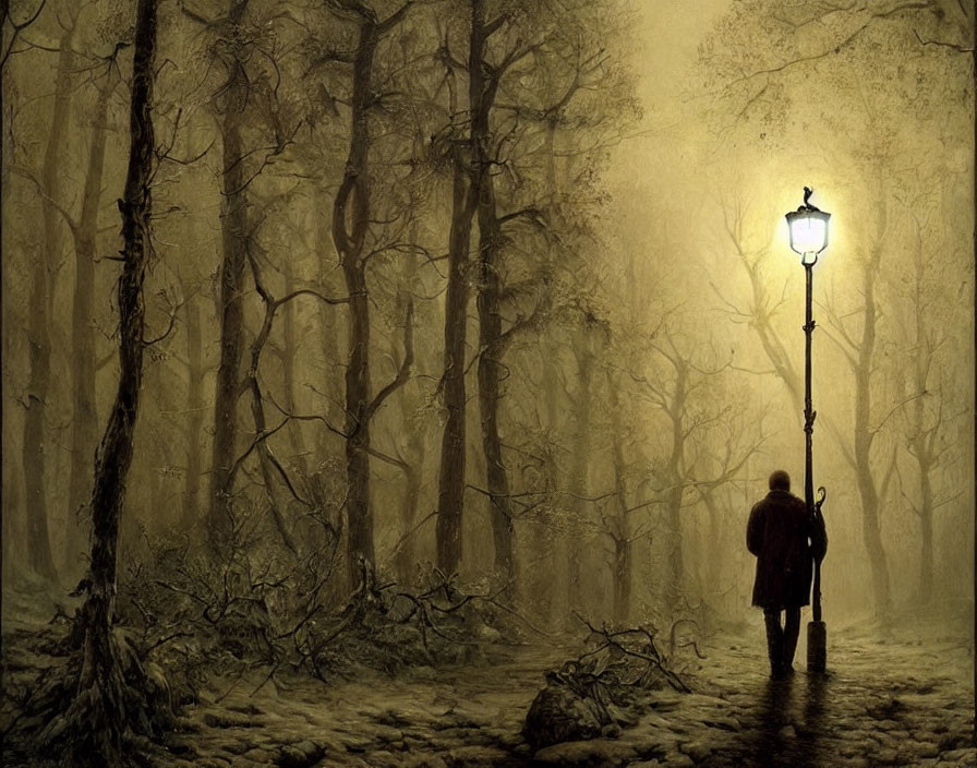 Mysterious figure under glowing streetlamp in foggy forest