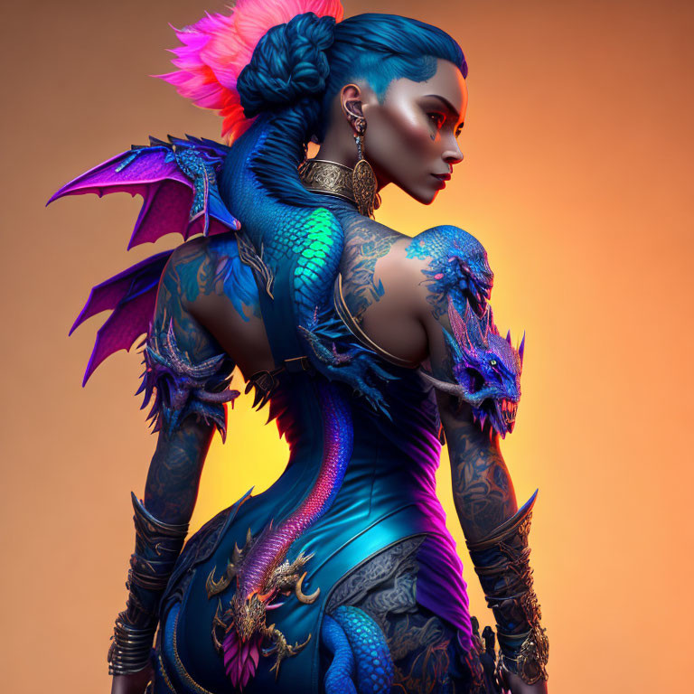 Blue-skinned woman in dragon armor against warm background