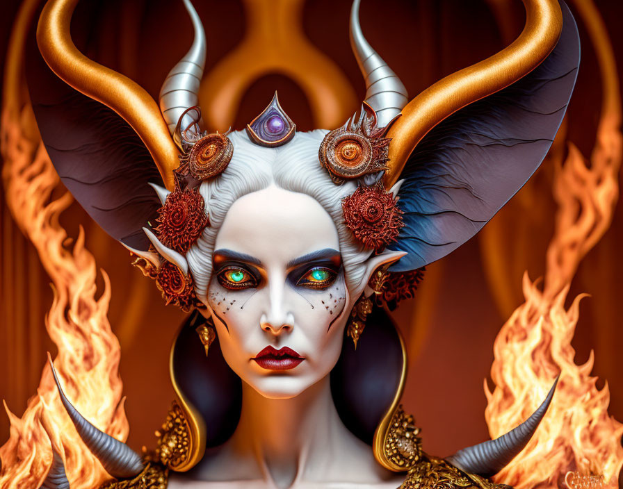 Fantasy Female Character with Horns and Fiery Makeup