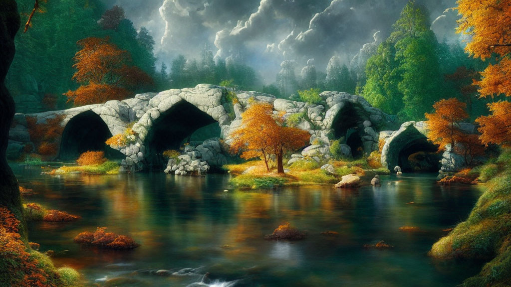 Tranquil autumn landscape with river, stone bridges, and lush trees