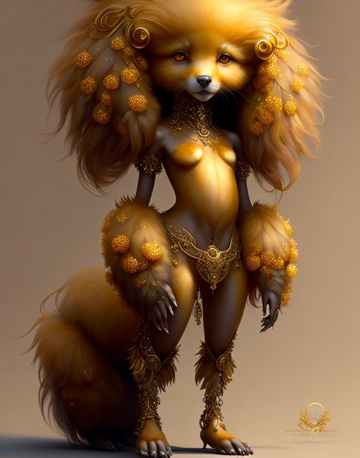 Golden fur anthropomorphic fox with intricate jewelry and fluffy clusters on tan background