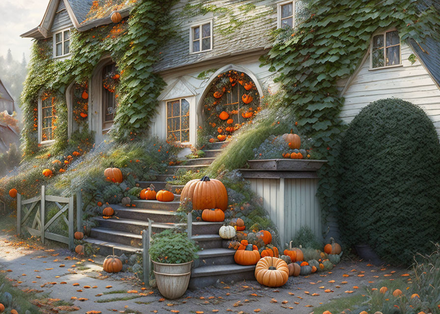 Cozy cottage with ivy and pumpkins for autumn ambiance