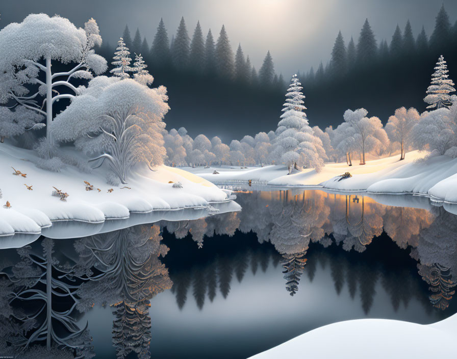 Snow-covered trees and calm river under hazy sun in serene winter scene