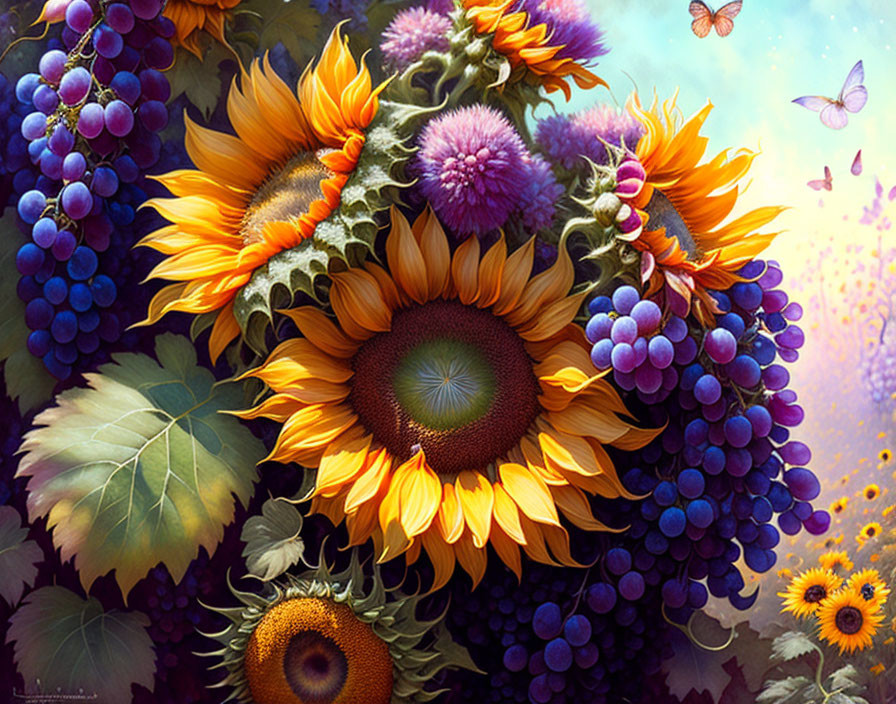 Colorful artwork featuring sunflowers, purple flowers, grapes, and butterflies