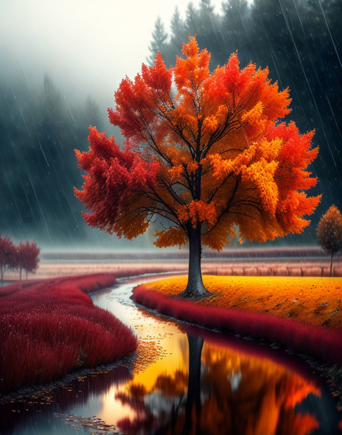 Vibrant autumn tree with fiery leaves by calm river in misty, rainy landscape