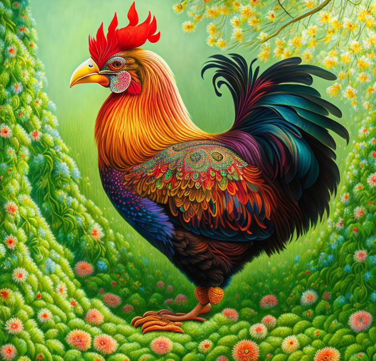 Colorful Rooster Illustration in Green Floral Setting