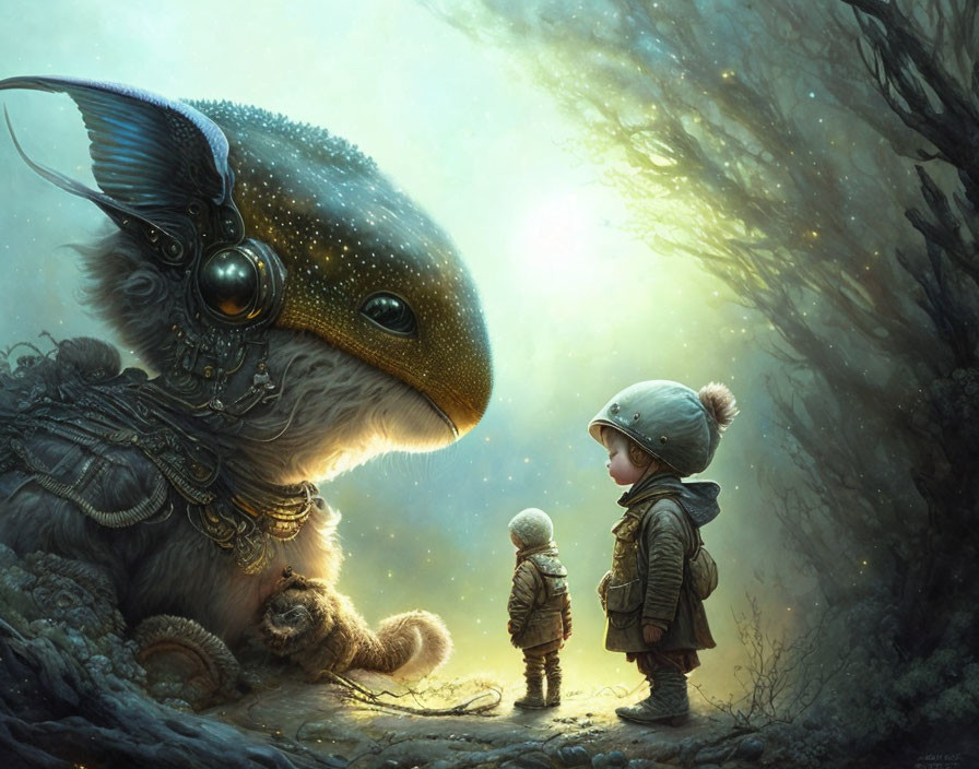 Child in warm clothing gazes at fantastical creature in mystical forest